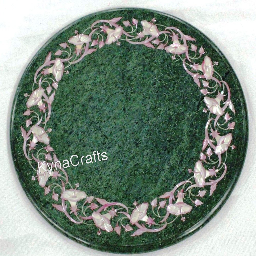 14 x 14 Inches Kitchen Corner Table for Home Furniture Decor Gemstone Inlay Work Round Shape Green Marble Coffee Table Top