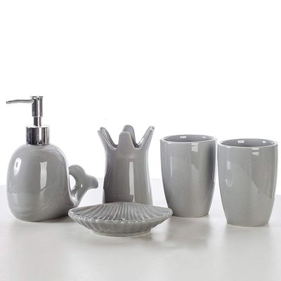 Liquid Hand Soap Pump European Style Bathroom Five-Piece Cute Animal Whale Set Ceramic Bathroom Accessories Mouthwash Cup Creative Gift(Grey)