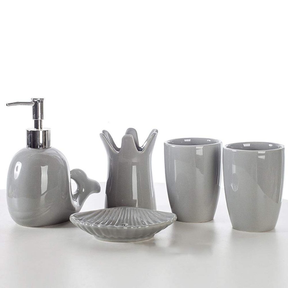 Liquid Hand Soap Pump European Style Bathroom Five-Piece Cute Animal Whale Set Ceramic Bathroom Accessories Mouthwash Cup Creative Gift(Grey)