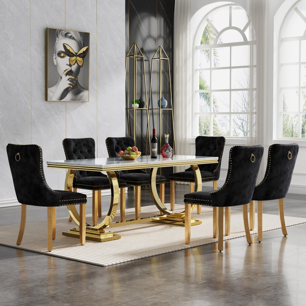 7 Piece Dining Table Set for 6, Faux Marble Gold Dining Table with 6 Fabric Dining Chair, Heavy Luxury Dining Room Table and Chairs Set for 6, 68in Imitation Marble Kitchen Table Set for 6