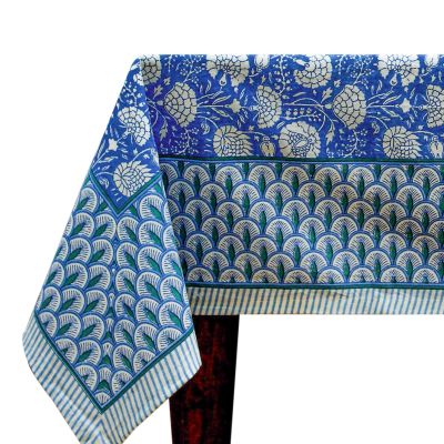72x180 Inches Rectangle Hand Block Printed Cotton Tablecloth, Blue White Floral Table Cloths Washable, Indian Table Linen for Valentine Thanksgiving Gifts Home Decor Dinning Outdoor