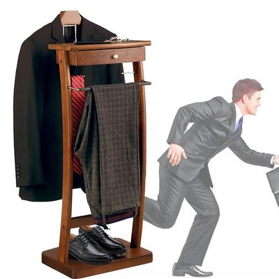 KJLYLPP Wooden Valet Stand Men Suits Stand Floor Standing Clothes Valet with Clothes Hanger and Pants Rail for Office Living Room Bed Room 44.4x30x112.2cm