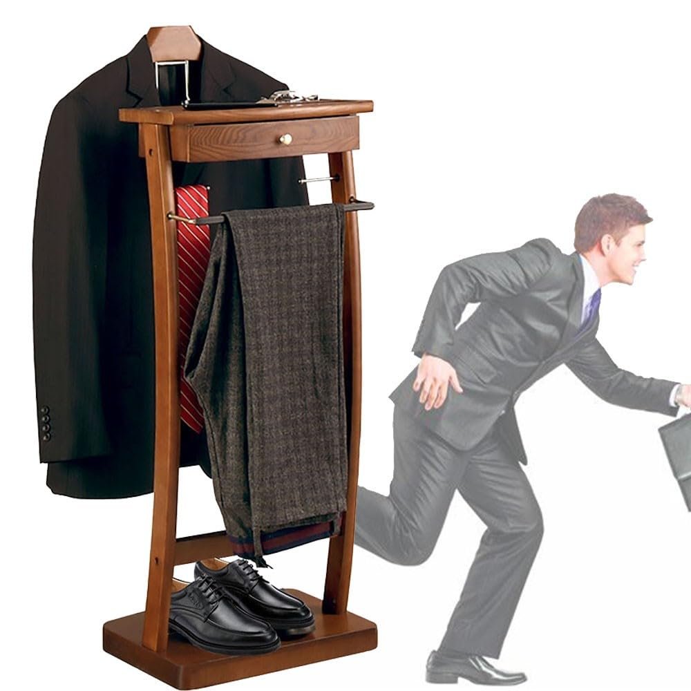 KJLYLPP Wooden Valet Stand Men Suits Stand Floor Standing Clothes Valet with Clothes Hanger and Pants Rail for Office Living Room Bed Room 44.4x30x112.2cm