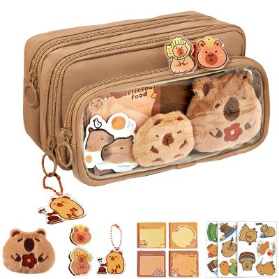 Swinizh Cute Capybara Pencil Case, Multi-Layer Large Capacity Capybara Pencil Pouch, Pen Bag Canvas Capybara with Compartments, Comes with Brooch, Stickers, Pendant, and Memo Pad (Brown)
