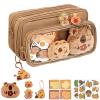 Swinizh Cute Capybara Pencil Case, Multi-Layer Large Capacity Capybara Pencil Pouch, Pen Bag Canvas Capybara with Compartments, Comes with Brooch, Stickers, Pendant, and Memo Pad (Brown) view 1