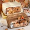Swinizh Cute Capybara Pencil Case, Multi-Layer Large Capacity Capybara Pencil Pouch, Pen Bag Canvas Capybara with Compartments, Comes with Brooch, Stickers, Pendant, and Memo Pad (Brown) view 2
