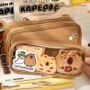 Swinizh Cute Capybara Pencil Case, Multi-Layer Large Capacity Capybara Pencil Pouch, Pen Bag Canvas Capybara with Compartments, Comes with Brooch, Stickers, Pendant, and Memo Pad (Brown) view 3