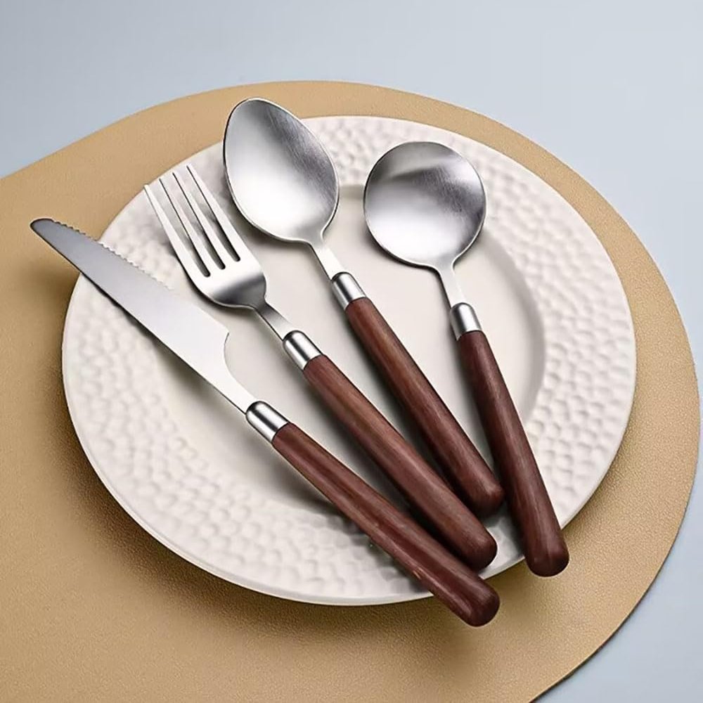 Wood Handle Silverware Set for 16, Wooden Flatware Set,64 Piece Stainless Steel Cutlery Set Tableware Utensil Sets Knives Forks Spoons Dinnerware Set for Home Restaurant Natural Matte Silver