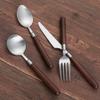 Wood Handle Silverware Set for 16, Wooden Flatware Set,64 Piece Stainless Steel Cutlery Set Tableware Utensil Sets Knives Forks Spoons Dinnerware Set for Home Restaurant Natural Matte Silver view 4