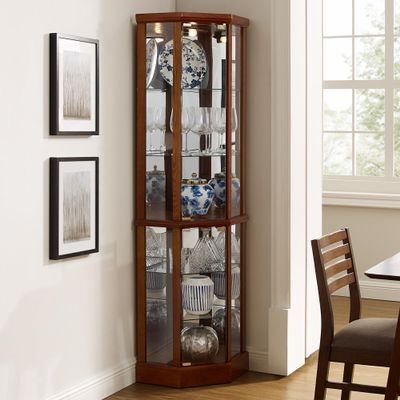 KUVADAZ Lighted Corner Curio Display Cabinet with Doors, 6 Tiers Corner Curio Cabinet with Adjustable Tempered Glass Shelves & Mirrored Back Panel, Modern Glass Display Case for Home No Bulb Walnut