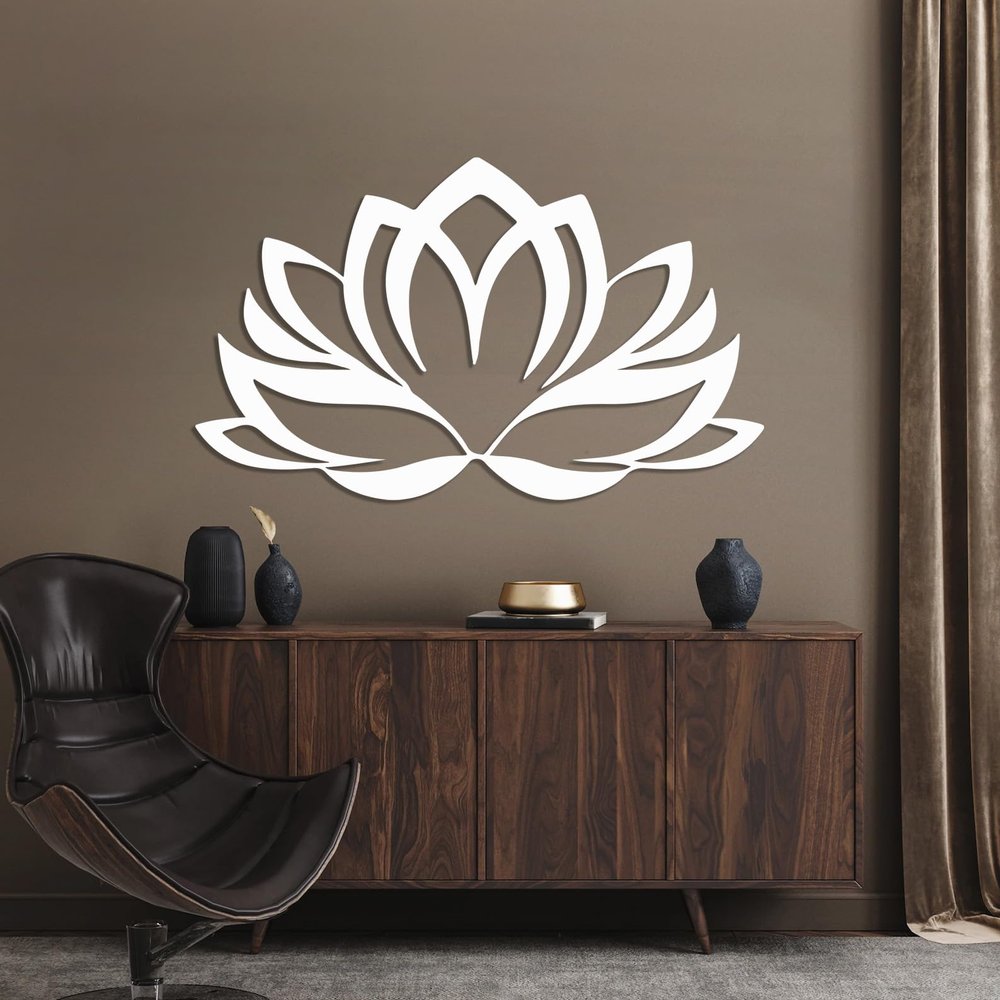 Lotus Flower Metal Wall Art, Lotus Metal Wall Art, Metal Lotus Flower Wall Decor, Yoga Wall Art, Zen Art Wall Decor, Minimalist Wall Art, Home Decor, Wall Decor Living Room, Bedroom (White, 53"x32"|135x81cm)