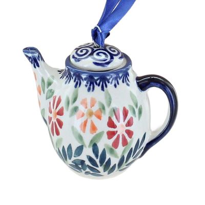 Blue Rose Polish Pottery - Orange Garden Bouquet Teapot Ornament - 3.5" Diameter - Hand-Painted Collectible Holiday Gift Decoration