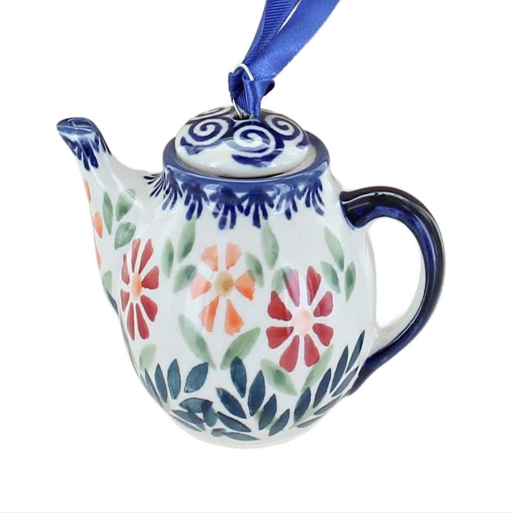 Blue Rose Polish Pottery - Orange Garden Bouquet Teapot Ornament - 3.5" Diameter - Hand-Painted Collectible Holiday Gift Decoration