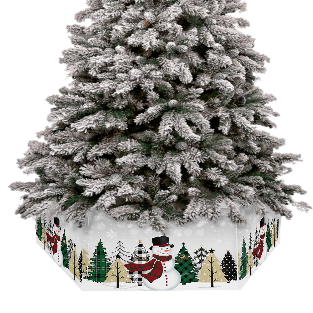 Christmas Tree Collar Snowman Green Buffalo Plaid Xmas Tree Grey Christmas Tree Skirts Collapsible Christmas Tree Ring Xmas Tree Base Stand Cover for Holiday Decorations 6PCS