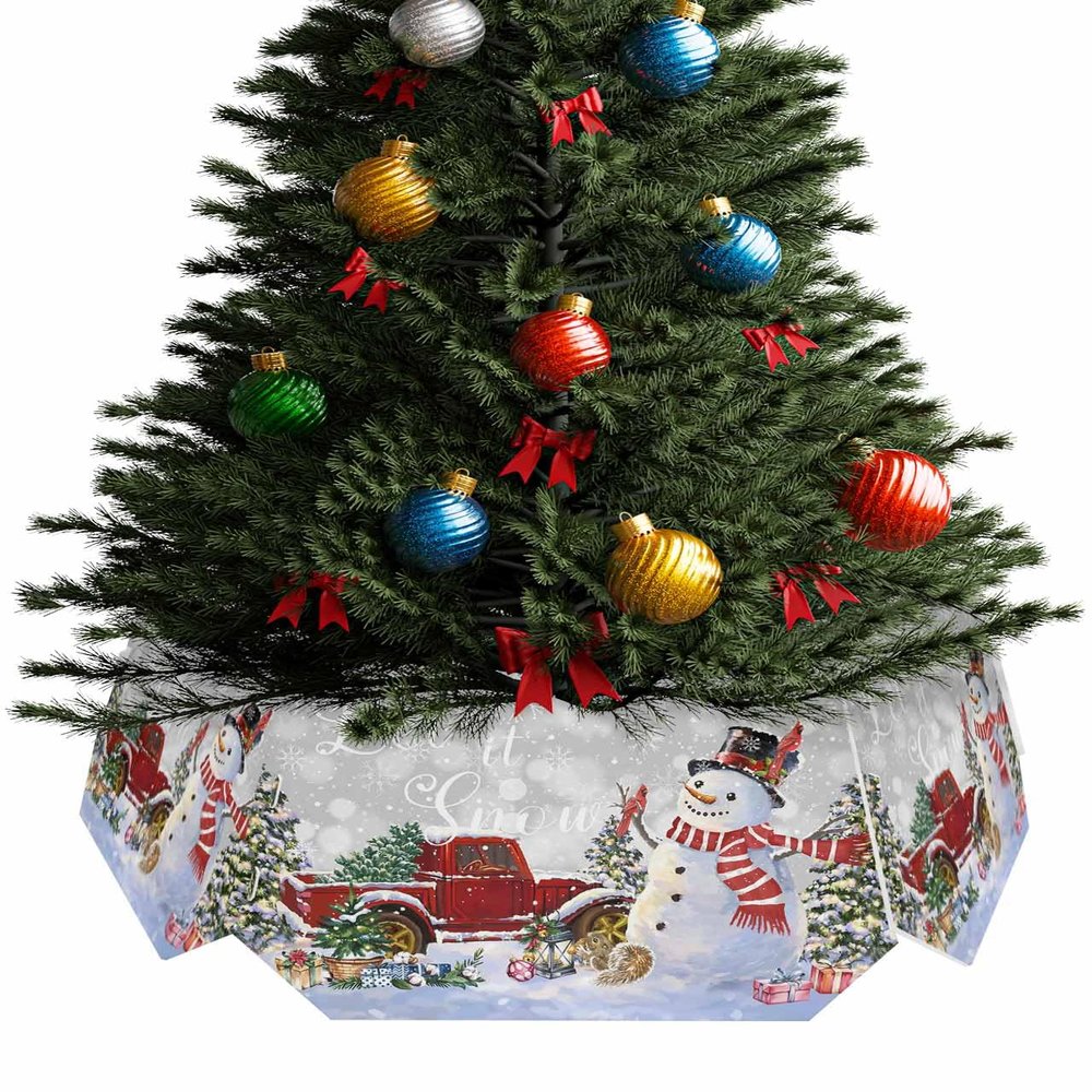 Christmas Tree Collar Snowman Red Truck Xmas Tree Snowflake Grey Christmas Tree Skirts Collapsible Christmas Tree Ring Xmas Tree Base Stand Cover for Holiday Decorations 6PCS