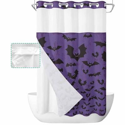 SEVENBABU Halloween No Hook Shower Curtain with Snap in Liner Waterproof Fabric Shower Curtain Set for Bathroom Halloween Bat Purple Background Shower Curtain with See Through Top Window 36"x72"