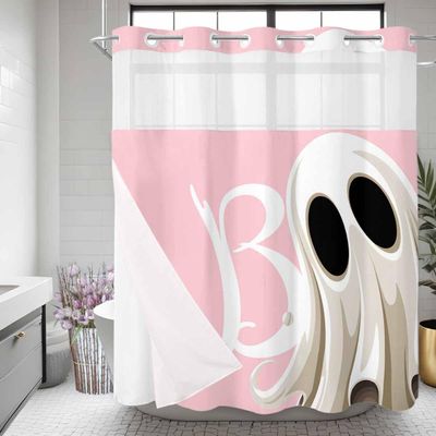 SEVENBABU Halloween No Hook Shower Curtain with Snap in Liner Waterproof Fabric Shower Curtain Set for Bathroom Watercolor Cute Ghosts Shower Curtain with See Through Top Window 72"x72"