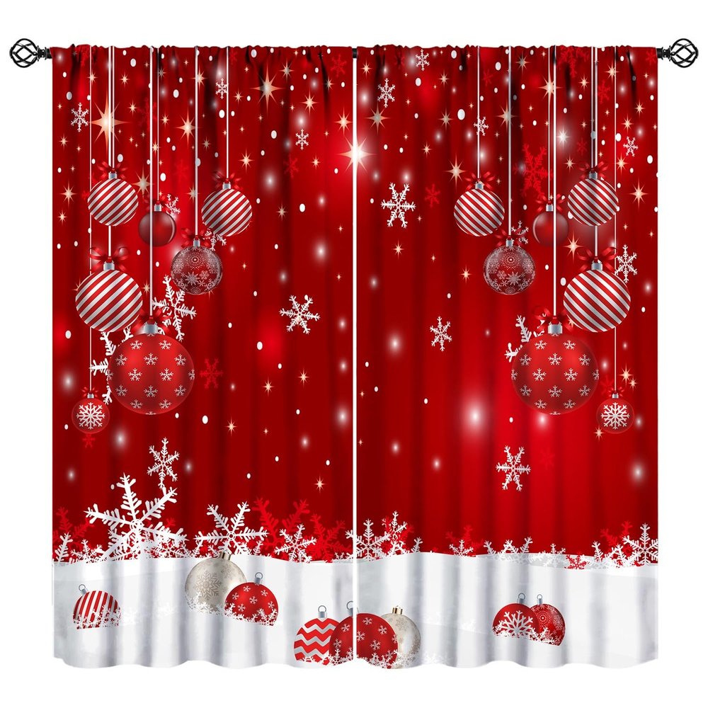 ShiTingYu Christmas Kitchen Curtains Red White Snowflake Christmas Ball Window Treatments for Kitchen Bedroom Living Room Drapes Rod Pocket 2 Panels 52x84 Inch