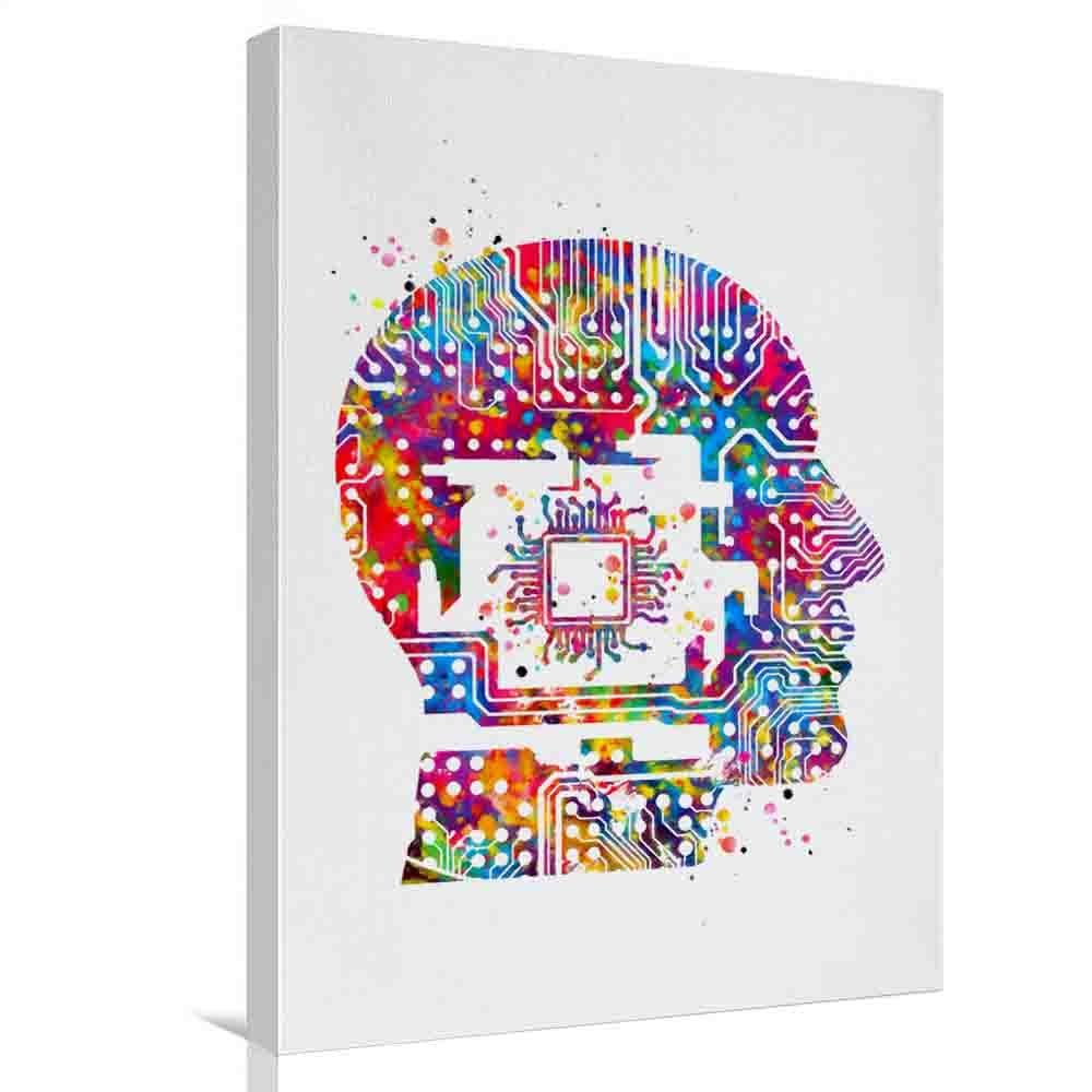 Canva Wall Art Living Room,Circuit Board Human Portrait Watercolor Print Tech Man Science Art Computer Electronic Motherboard Print-16"x20" wood frame canvas wall art