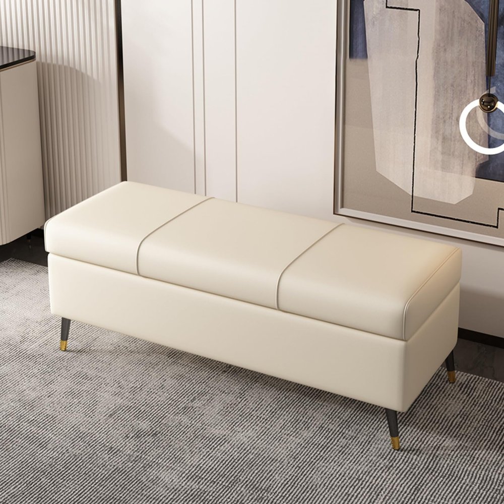 Entryway storage bench,Solid wood frame bedroom ottoman with storage,End of Bed Bench with Soft Close Lid,Technology cloth,Extra Long Upholstered Bedroom Bench with Storage Space for Entryway(Beige,90