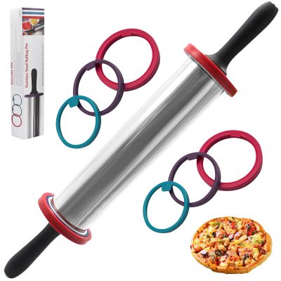 Adjustable Rolling Pin with Thickness Rings, Stainless Steel Dough Roller Baking Supplies for Pizza Pastry Fondant Pie Pasta (Rolling Pin-2 Pack)