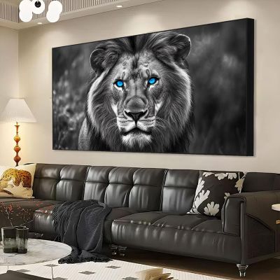 RUNBOAT Majestic Lion Canvas, Lion Wall Art Canvas, Lion Painting Canvas, Lion Pictures Wall Decor, African Lion Canvas Wall Art, Blue Eyed Lion Canvas, Lion Wall Art (Black Framed, 48x27in|122x68cm)