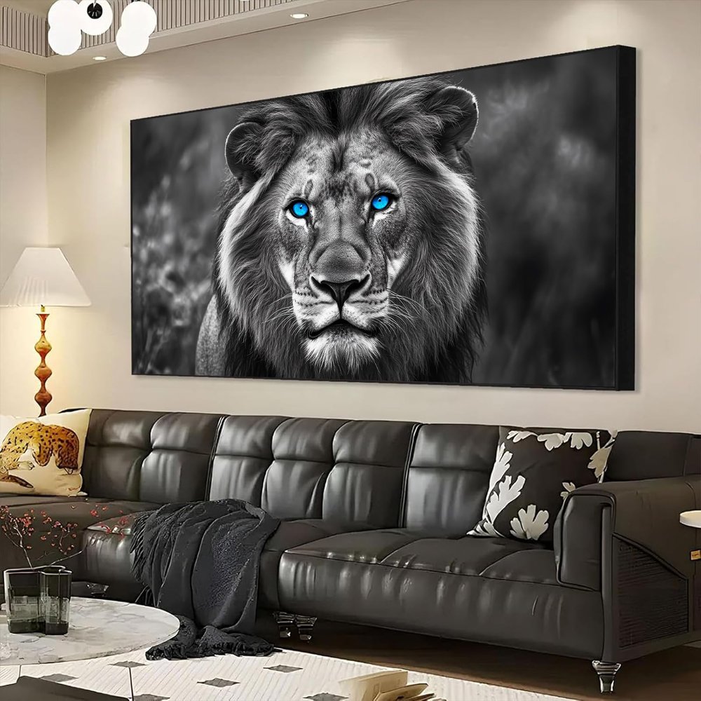 RUNBOAT Majestic Lion Canvas, Lion Wall Art Canvas, Lion Painting Canvas, Lion Pictures Wall Decor, African Lion Canvas Wall Art, Blue Eyed Lion Canvas, Lion Wall Art (Black Framed, 48x27in|122x68cm)