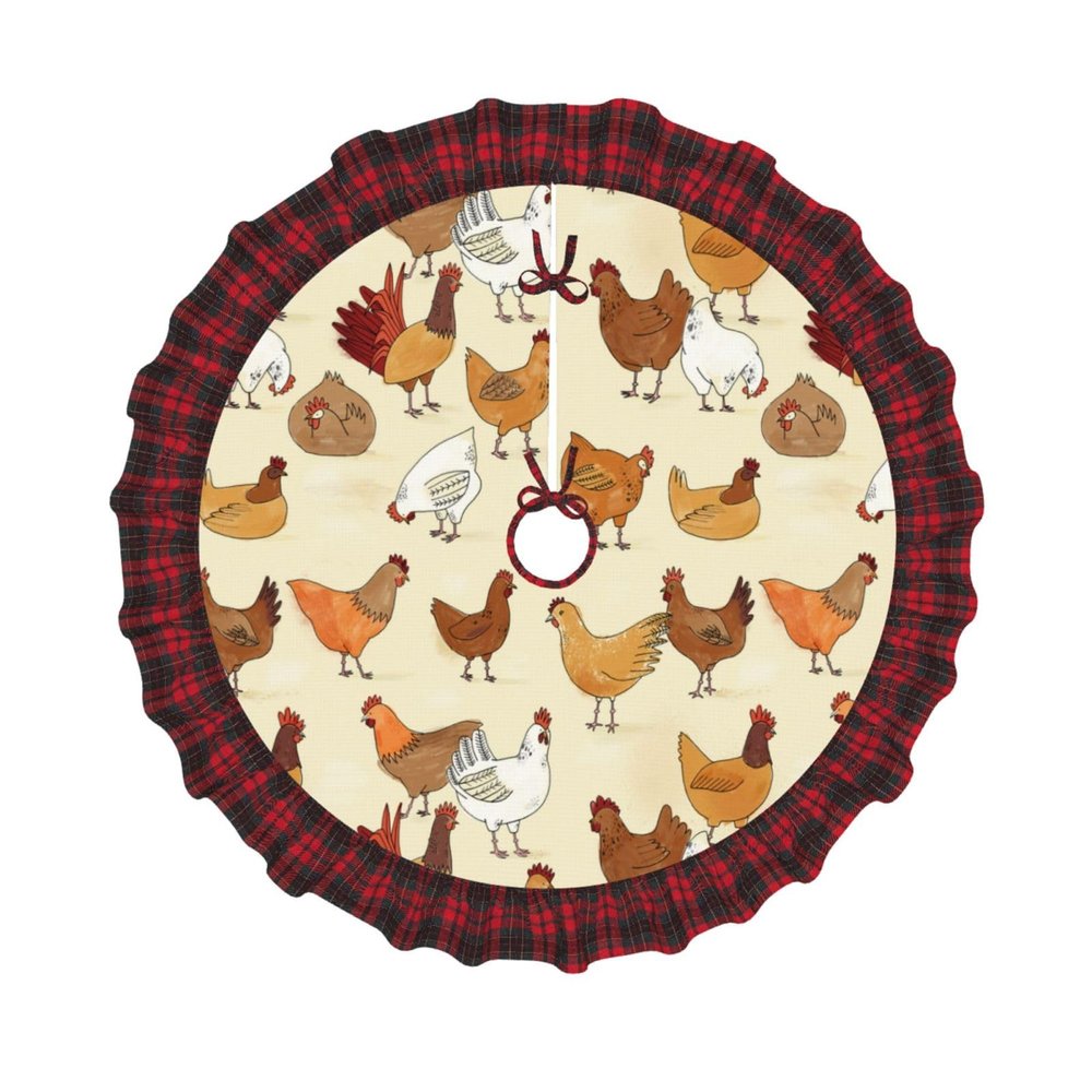 A Brood of Chickens 30 Inch Christmas Tree Skirt Red and Black Buffalo Plaid Edge Decoration for Merry Christmas Farmhouse Winter Holiday Party Home Decoration Ornaments Indoor Outdoor