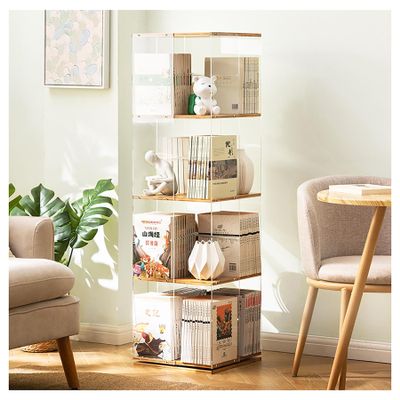 360 Rotating Bookshelf Vertical Bookshelf Tower Spinning Bookshelf Tower Bamboo Swivel Bookcase Wood Book Shelf Standing Storage Display Rack Standing Shelves,Clear,4 Tier