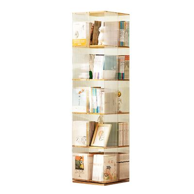 360 Rotating Bookshelf, Spinning Bookshelf Tower, Swivel Bamboo Bookcase, Storage Display Rack Standing Shelves, Vertical Bookshelf Tower, Clear Acrylic,Stripes,5Tier