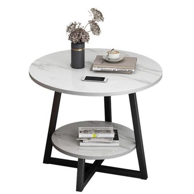 2 Tier Faux Marble End Table, 40/50/60cm Round Sofa Side Table, with Storage Shelf, for Balcony, Bedroom, Living Room(Size:60cm,Color:White)