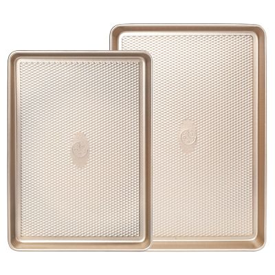Nonstick Baking Sheet Pan Set of 2, Cookie Sheets for Oven, Extra Thick Quarter/Jelly Roll Pans Tray with Diamond Texture Pattern, Commercial Quality Baking Sheet Pan Set, Gold