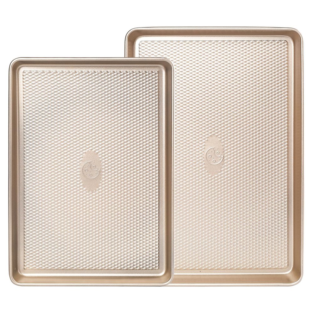 Nonstick Baking Sheet Pan Set of 2, Cookie Sheets for Oven, Extra Thick Quarter/Jelly Roll Pans Tray with Diamond Texture Pattern, Commercial Quality Baking Sheet Pan Set, Gold