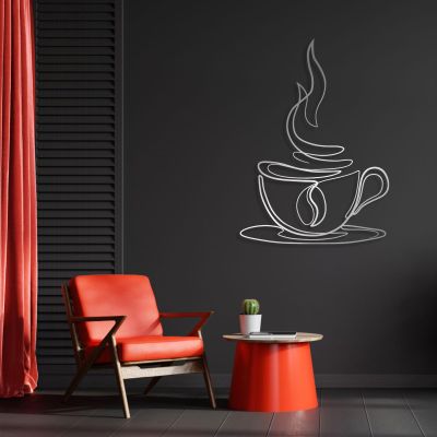 Cadeali Metal Coffee Cup Wall Art, Metal Coffee Signs Decor, Line Art Wall Decor, Cup Sign, Cafe Themed Decoration, Modern Minimalist Artwork for Kitchen, Dining Room (Silver, 24"x17"|61x43cm)