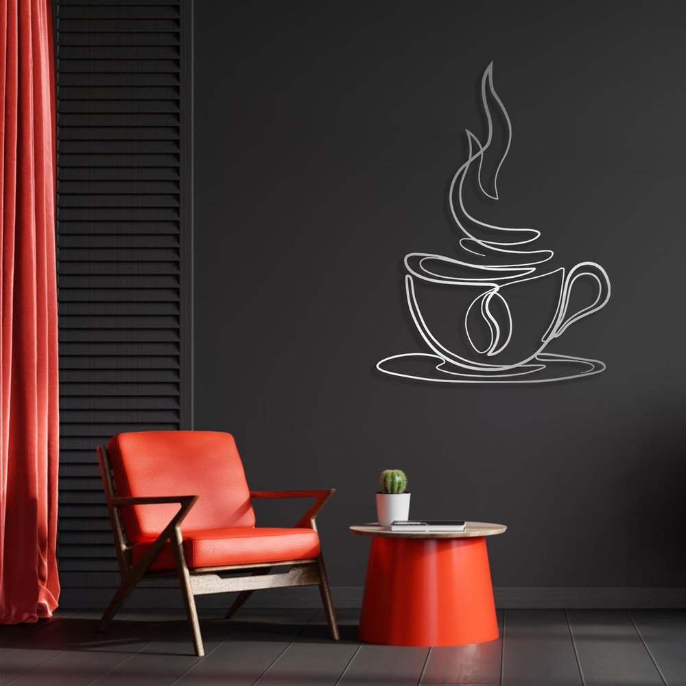 Cadeali Metal Coffee Cup Wall Art, Metal Coffee Signs Decor, Line Art Wall Decor, Cup Sign, Cafe Themed Decoration, Modern Minimalist Artwork for Kitchen, Dining Room (Silver, 24"x17"|61x43cm)