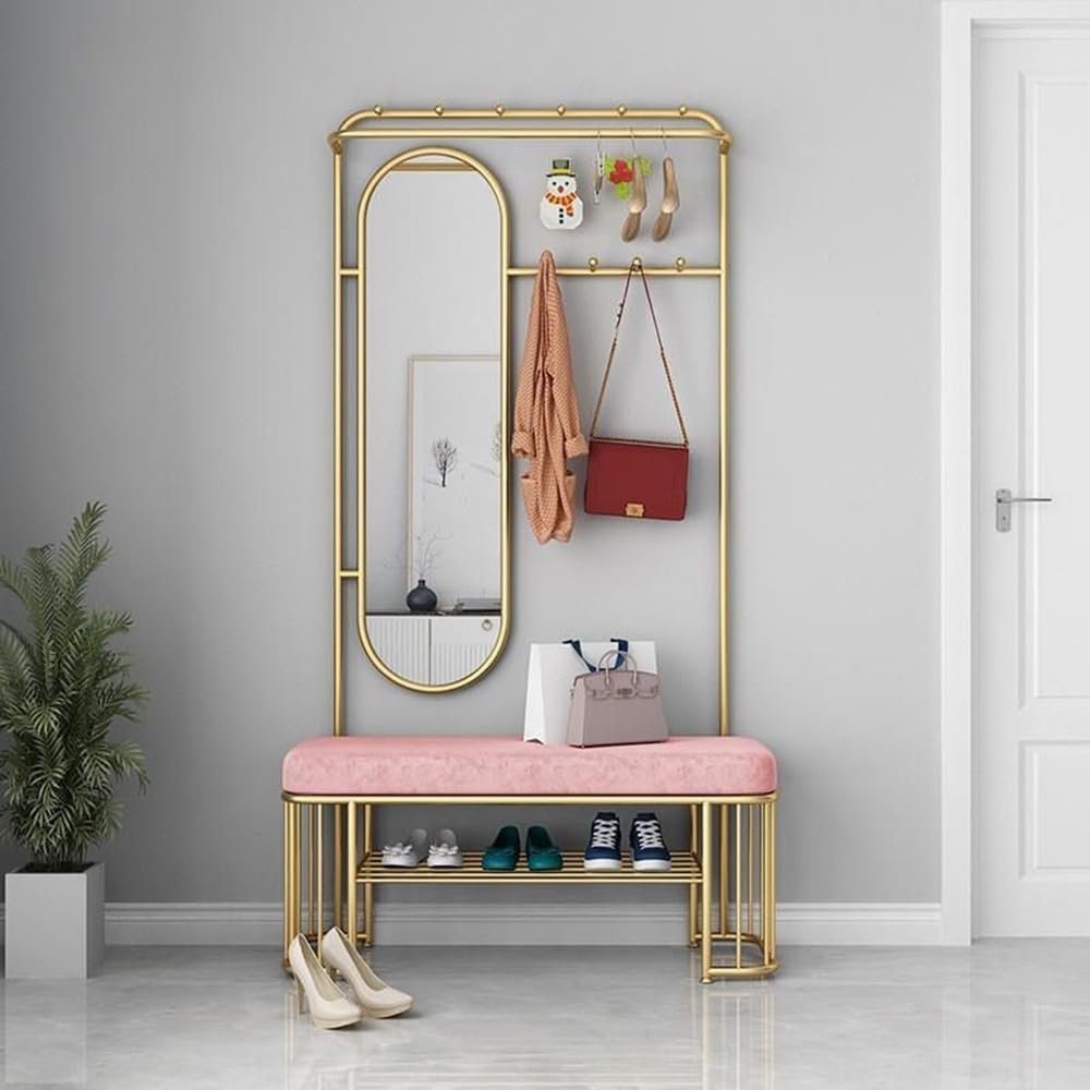 with Removable Hooks and Shoe Stand, Industrial Coat Rack Stand with Bench, Free Standing Coat Tree,with Mirror Entryway Storage Shelf, for Living Room,Hallway
