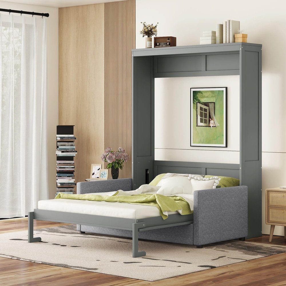 Ball & Cast Queen Size Murphy Bed Wall Bed with Sofa,can be Folded,Multifunctional Hideaway Cabinet Bed Frame,No Box Spring Needed,for Apartment,Bedroom,Guest Room,Gray