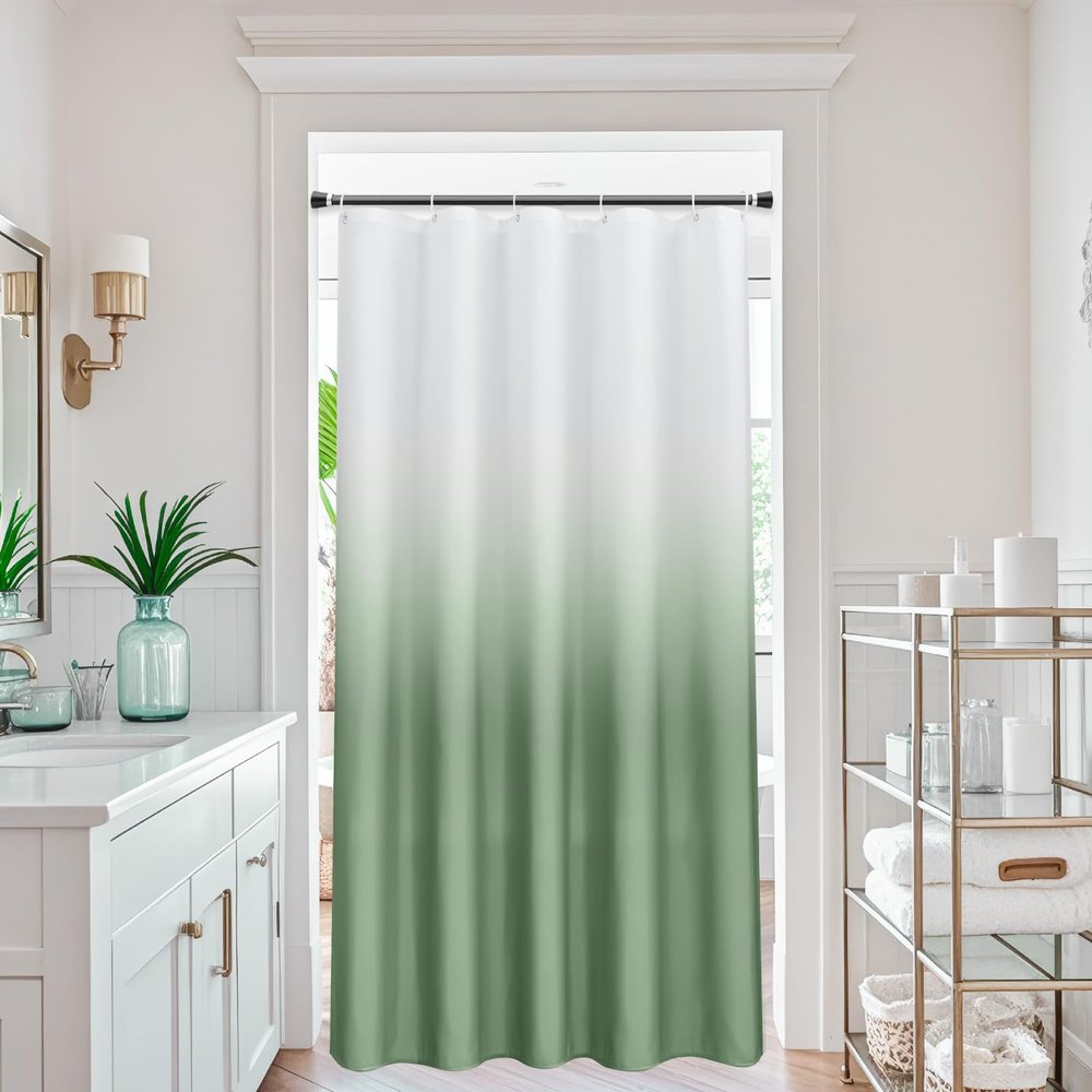 AooHome Fabric Narrow Shower Curtains, Cloth Ombre Green Shower Curtain Sets, Washable Fabric Green and White Shower Curtain, Rustic Farmhouse Bathroom Shower Curtains, 36x72 Inches