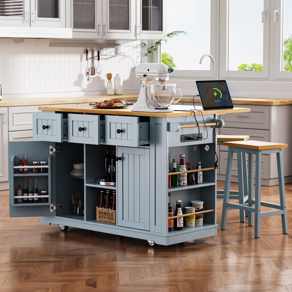 JIVOIT 53inch Kitchen Island Set with 2 Bar Stools, Kitchen Storage Cart on 5 Wheels with Drop Leaf, Power Outlet, Door Internal Storage Rack, 5 Open Side Racks, 3 Drawers, Adjustable Shelves