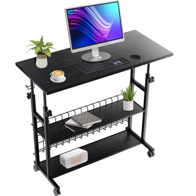 AIZ Rolling Laptop Cart with Storage for Small Spaces Portable Mobile Adjustable Computer Table on Wheels for Couch Bedrooms Black 39.4x19.7