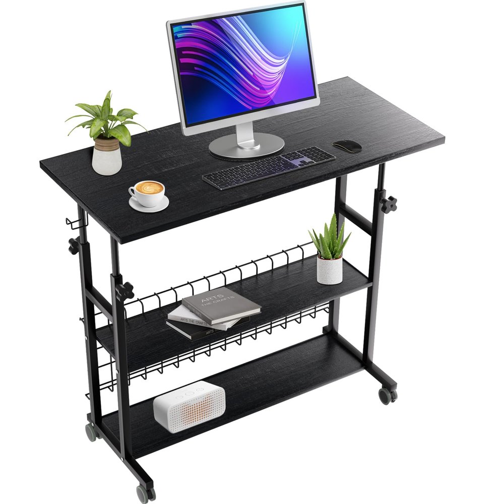 AIZ Rolling Laptop Cart with Storage for Small Spaces Portable Mobile Adjustable Computer Table on Wheels for Couch Bedrooms Black 39.4x19.7