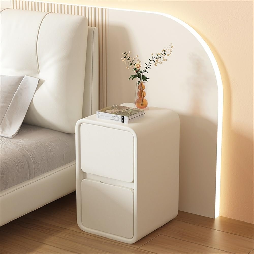 Bedside Table, Nightstand, Solid Wood, with 2 Drawers, Narrow End Table, Storage Cabinet with Microfiber Leather, Dresser Furniture for Bedroom(White, 45cm(17.8in))