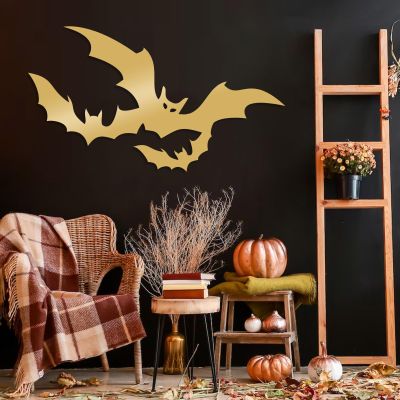 Metal Bat Wall Decor, Halloween Bat Metal Wall Decor, Flying Bats Metal Wall Art, Halloween Metal Sign, Bat Wall Art, Scary Halloween Decorations, Living Room Wall Art (Gold, 24"x13" | 60x34cm)