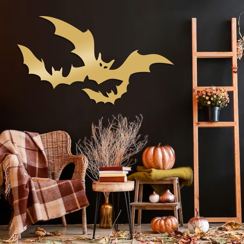 Metal Bat Wall Decor, Halloween Bat Metal Wall Decor, Flying Bats Metal Wall Art, Halloween Metal Sign, Bat Wall Art, Scary Halloween Decorations, Living Room Wall Art (Gold, 24"x13" | 60x34cm)