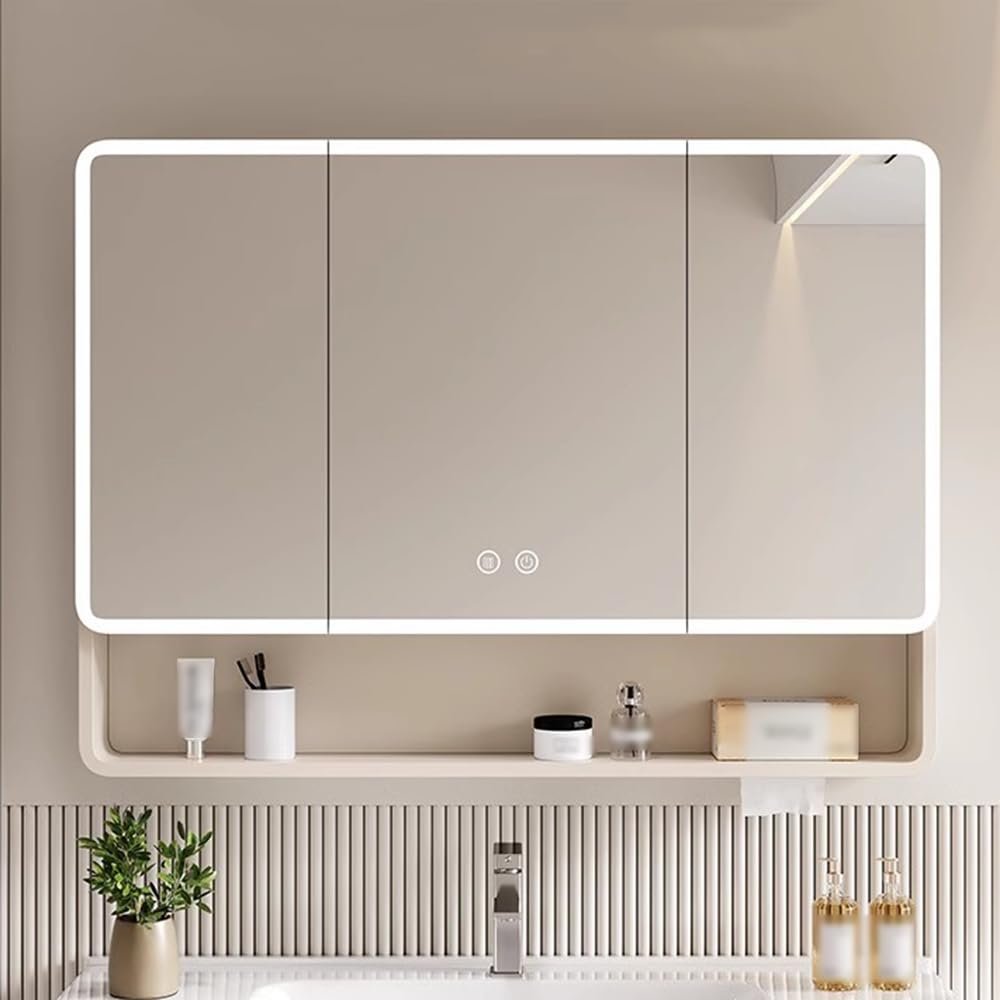 22 X 34 Inch Led Lighted Bathroom Medicine Cabinet with Sockets,2doors Hd Wall Mounted Bathroom Mirror with Defogging Function Mirror Back with Cosmetic Organizer Easy to Install Aluminum Cabinet