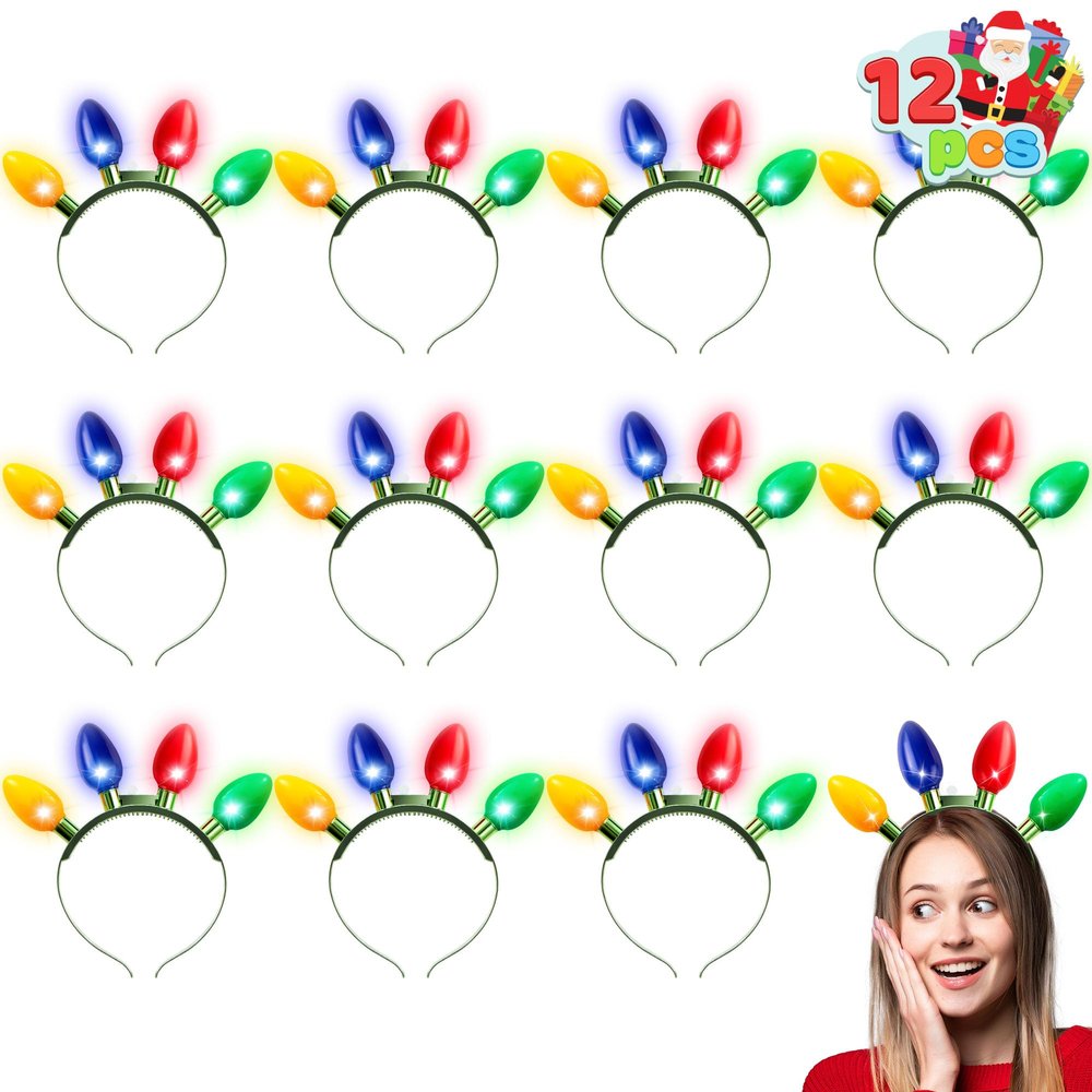 JOYIN 12 PCS Christmas Headband LED Light Bulb Flashing Headband with 4 Colorful LED Bulbs for Adults Kids Accessories Christmas Party Favors Xmas Party Supplies