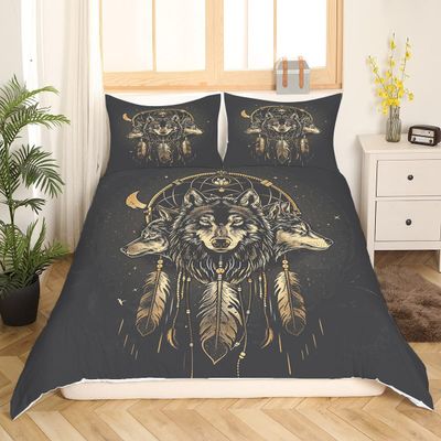 Custom Native Wolf Dreamcatcher Comforter Twin, Wolf Bed Sets, Wolf Bedding Set Twin, Wolf Queen Comforter Bedding Sets, Native Wolf Comforter Twin, Wolf Bedroom Decor, Full Size Comforter Wolf
