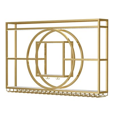BYJSJY Wine Rack Wall Mounted, Hanging Metal Floating Wine Rack Cabinet, Large Capacity Full Metal Wine Rack with Bottle and Cup Holders, for Home Restaurant Bar Storage Rack(Gold,120x20x90CM)