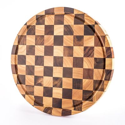 DYINGZL Acacia Round Chopping Board, Checkerboard Wood Cutting Board, Round Chopping Board with Juice Groove, Deli Wood Cheese Board