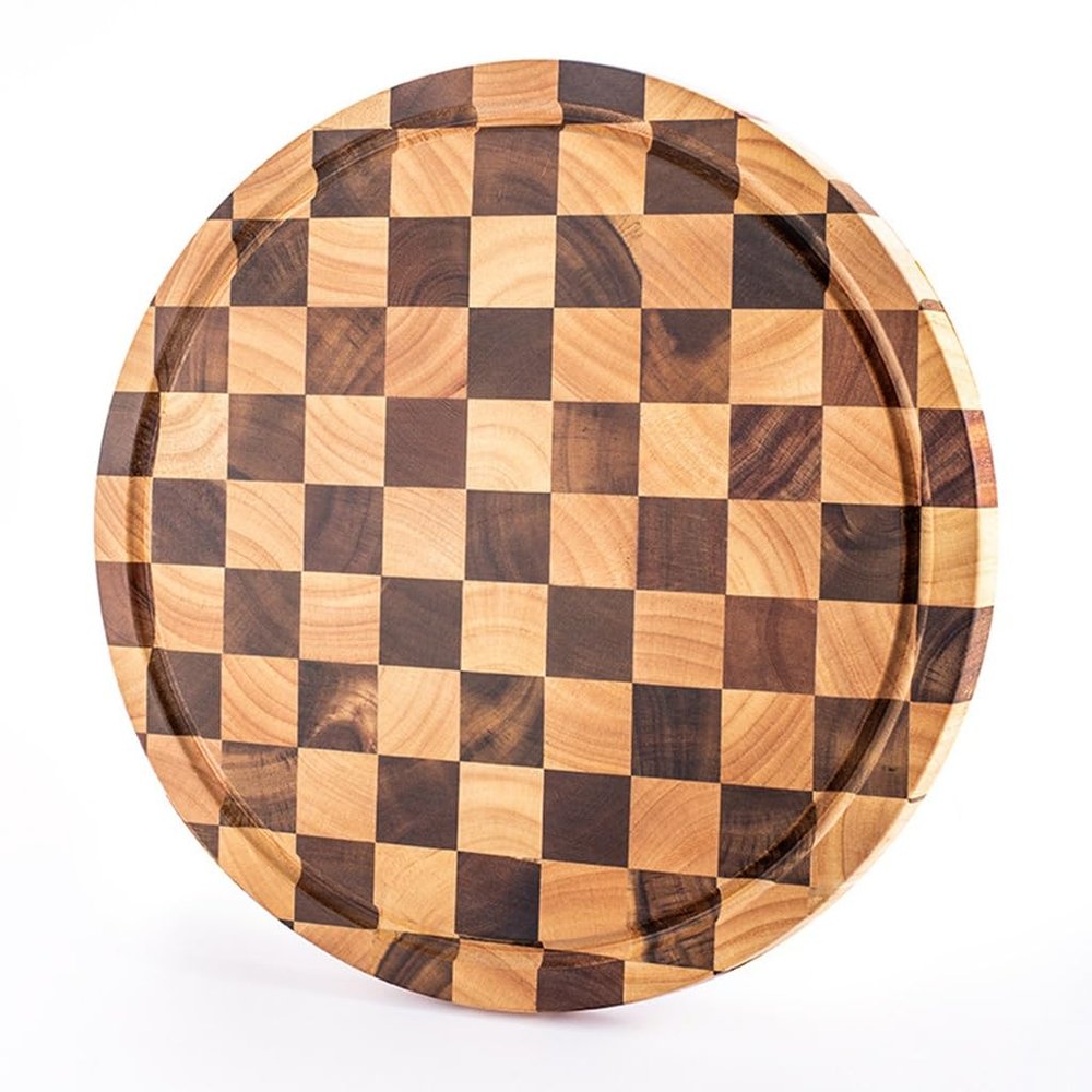 DYINGZL Acacia Round Chopping Board, Checkerboard Wood Cutting Board, Round Chopping Board with Juice Groove, Deli Wood Cheese Board